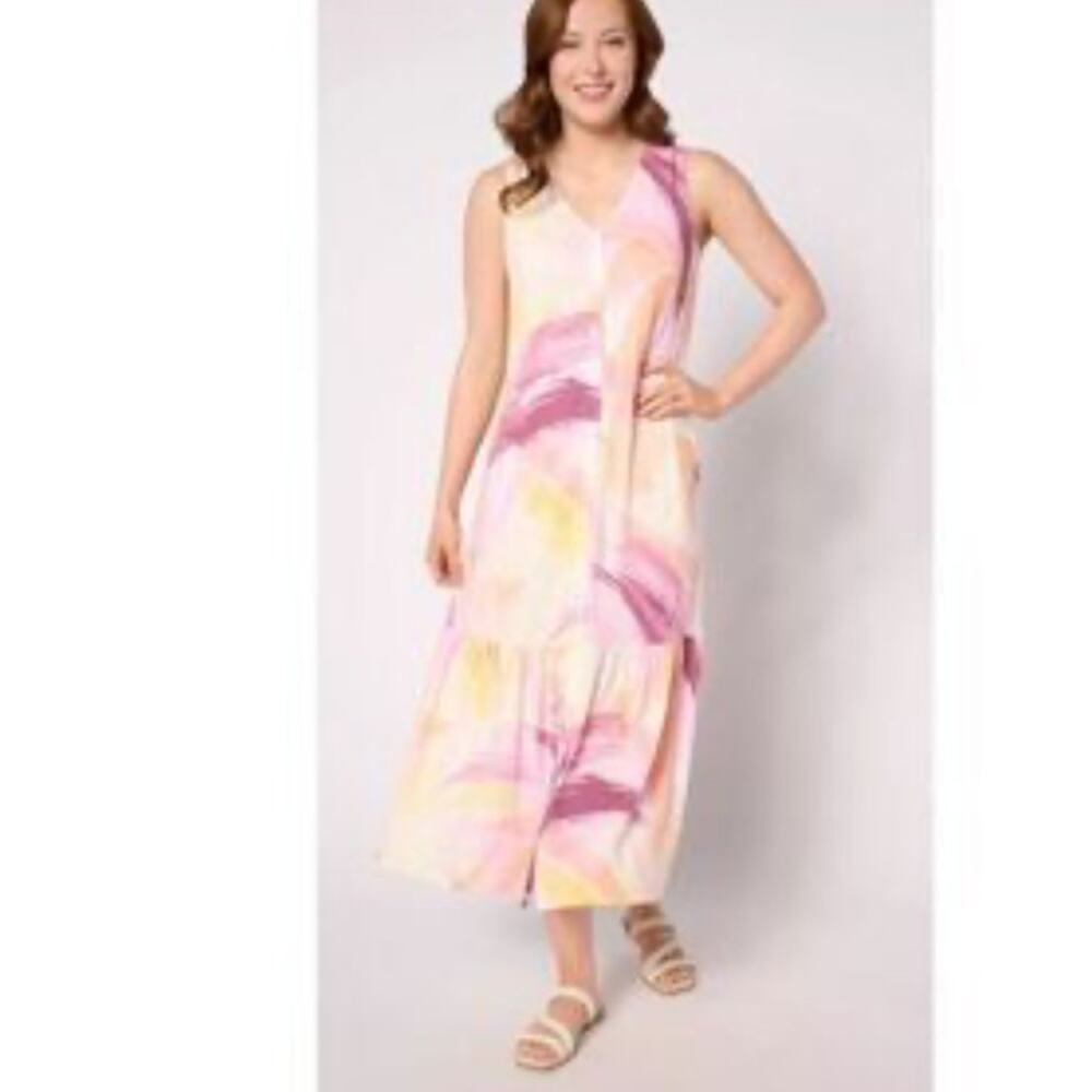Naturals d & co. Midi Dress Watercolors Pink Orange Slvls NWOT Cotton Blend XSP
